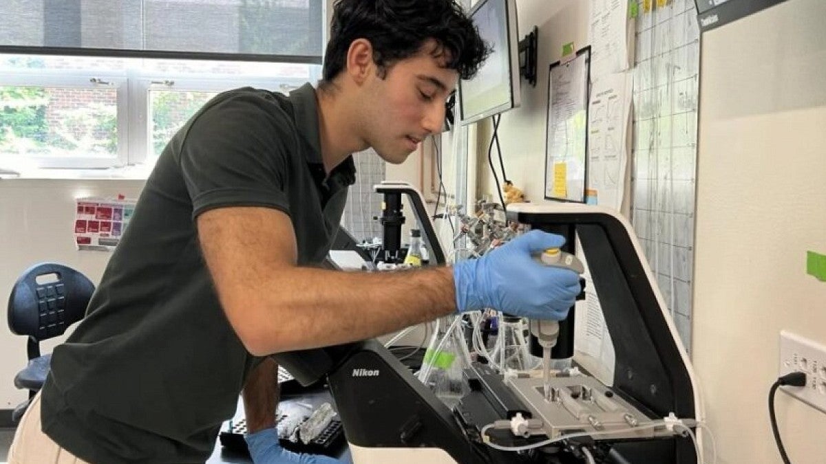A researcher working in a lab with an eyedropper