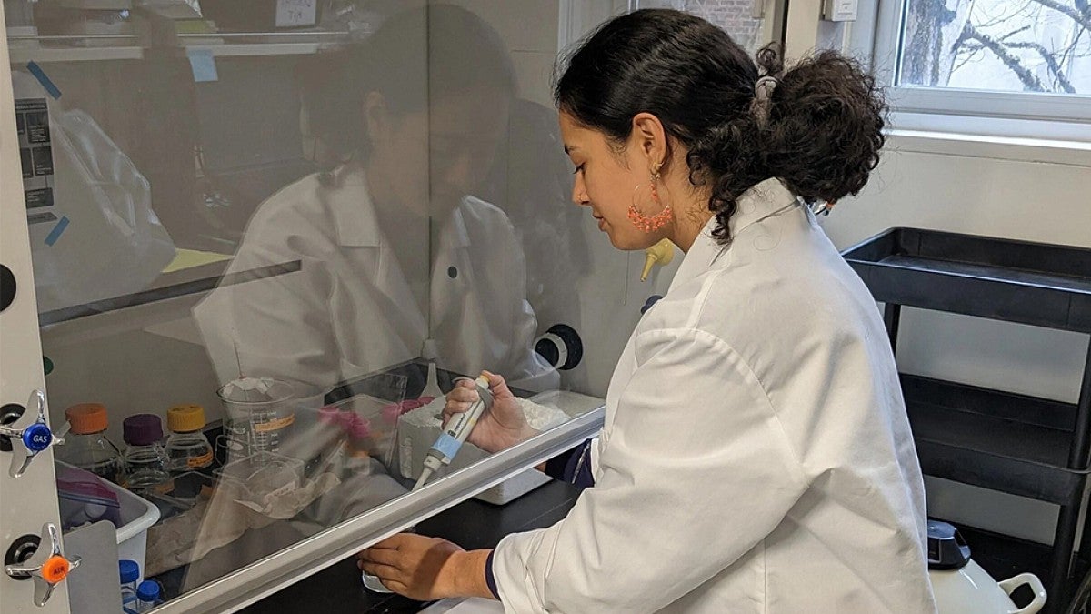 A researcher in a lab filling a vial