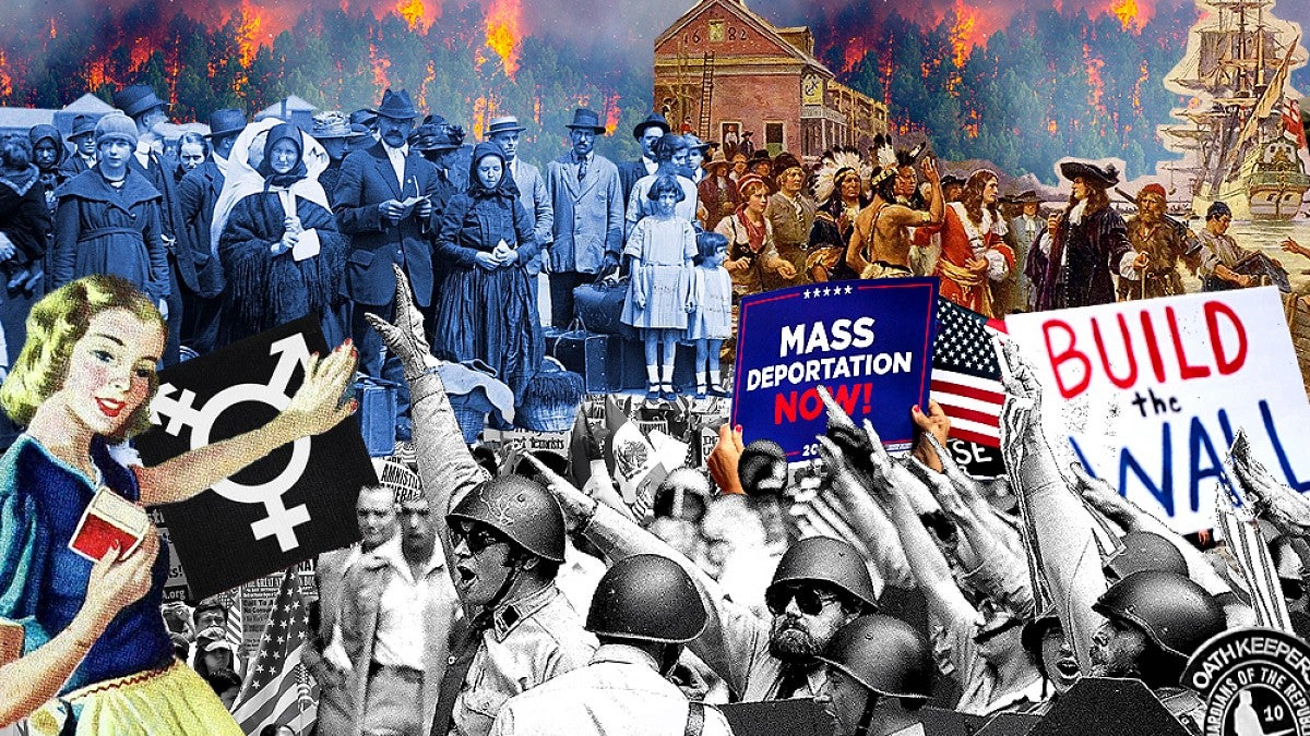 A collage of images representing a collisions of social values