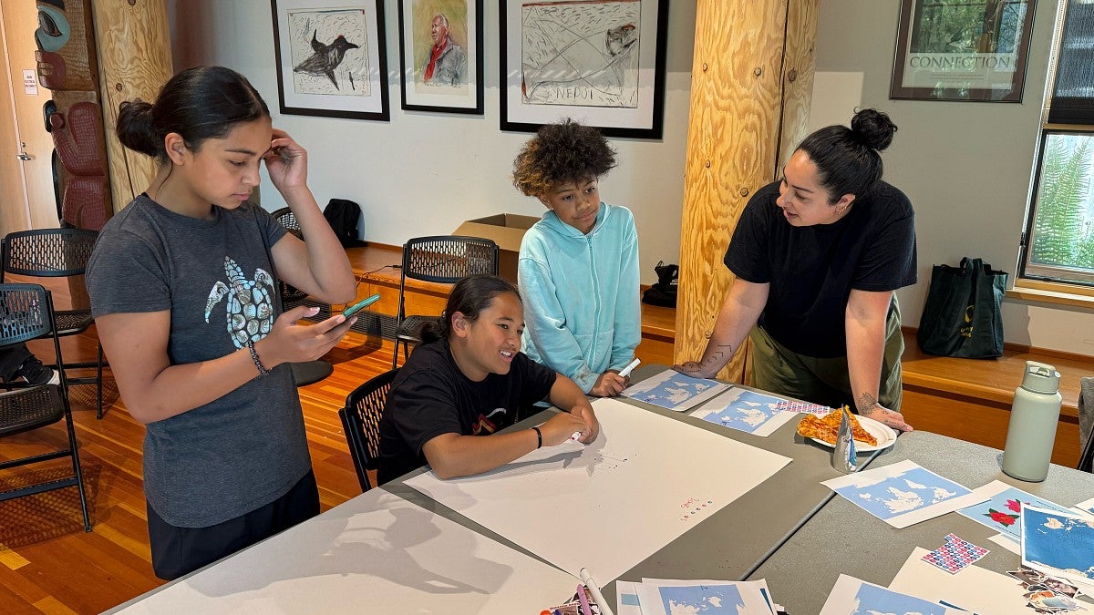 group of students and leader working on craft projects