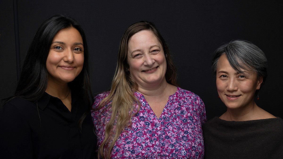 Three colleagues standing in a row, looking at the camera.