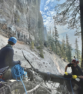 Giachetti (right) and postdoctoral researcher Josh Wiejaczka sample explosive deposits from the 7,700-year-old Cleetwood volcanic eruption.