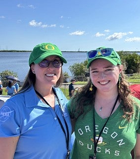 Carol Paty poses with undergraduate student Erin Morrison at the NASA launch