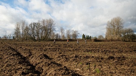 people stand in a tilled field